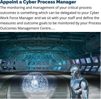 Appoint a Cyber Process Manager The monitoring and management of your critical process outcomes is something which can be delegated to your Cyber Work Force Manager and we sit with your staff and define the measures and outcome goals to be monitored by your Process Outcomes Management Centre…..